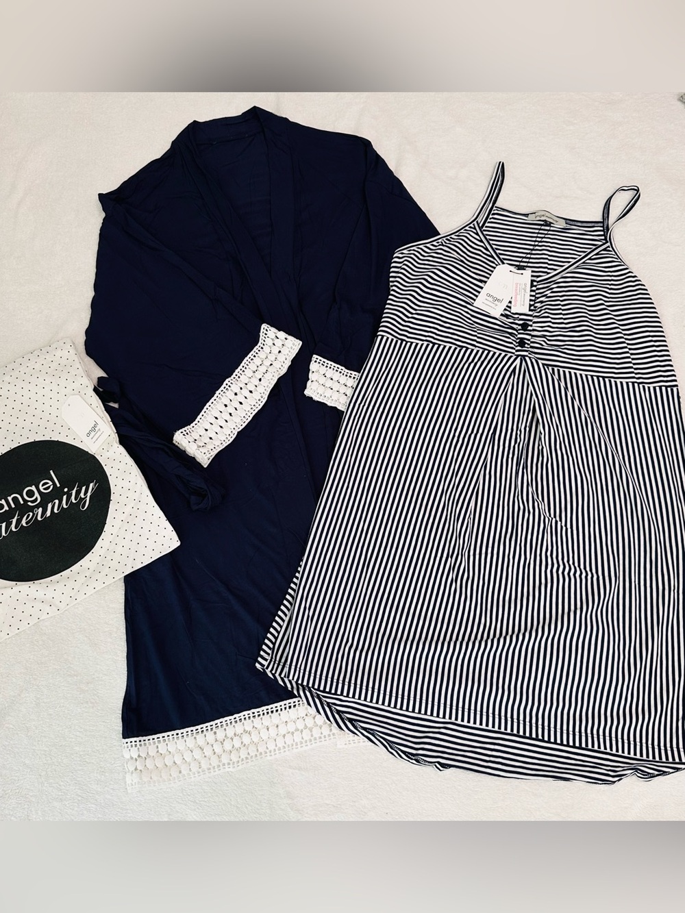 Angel Maternity Set: Navy Blue Lace-Trim Robe with NWT Striped Nightgown M/L - Picture 2 of 12